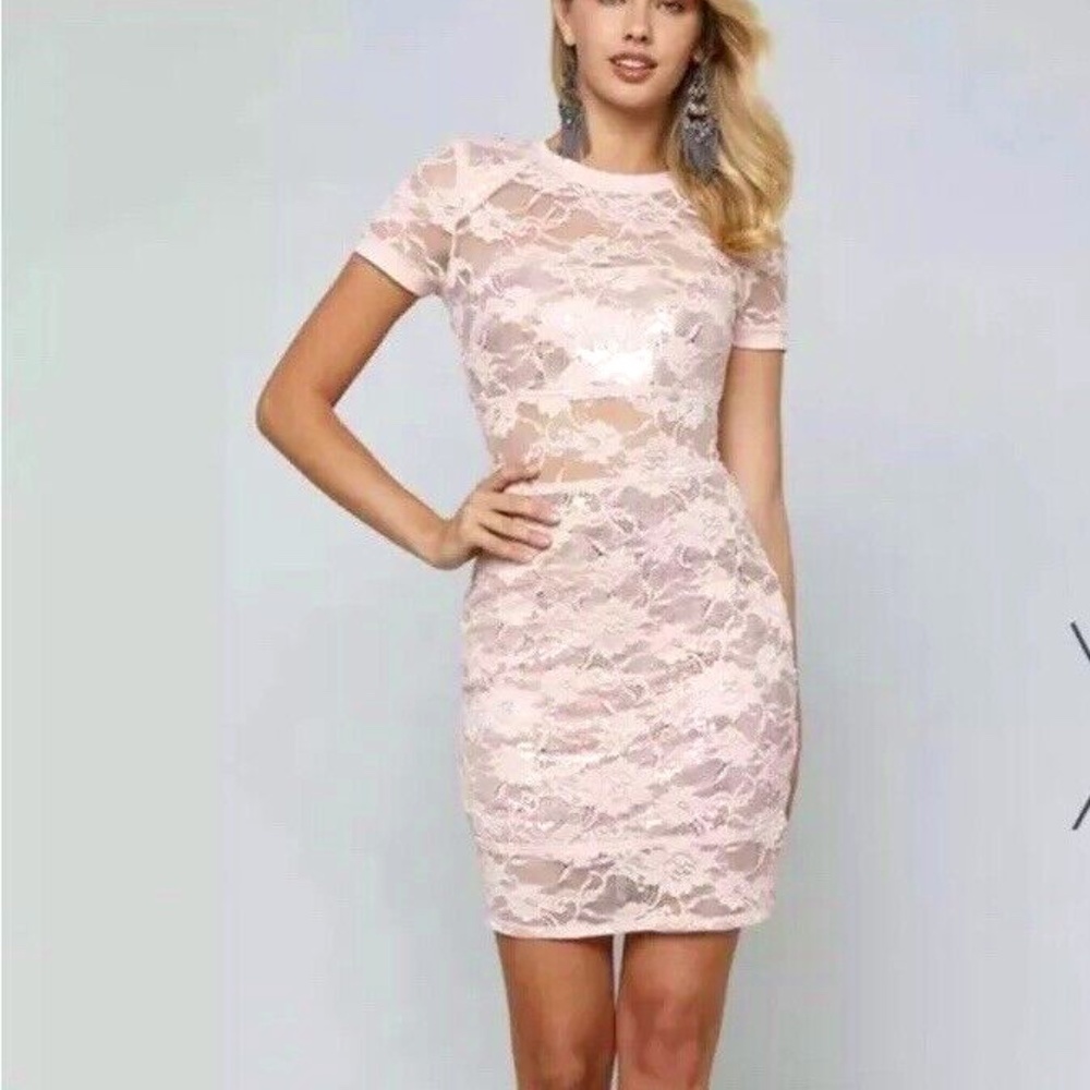 BEBE Sequin Lace Tee Sequins Bodycon Dress Sepia Rose SZ S (NWT)